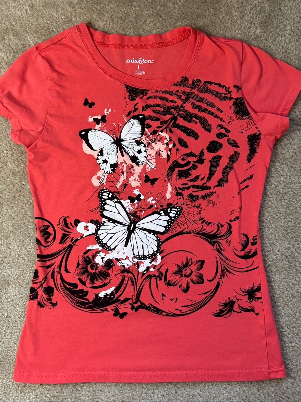 Coral Butterfly & Tiger Graphic Tee - Women's